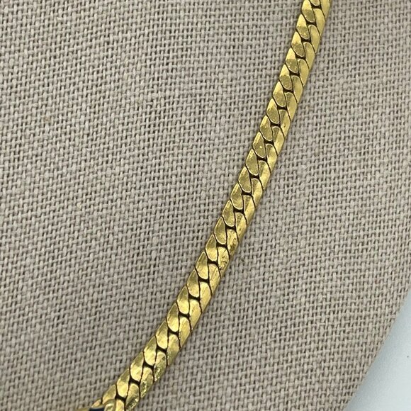 Blue Enamel with Gold Metal Art Deco Link Herringbone Chain Necklace - Picture 4 of 8